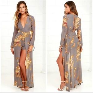 LULUS romper dress XS gray yellow floral sheer shorts romper NWT